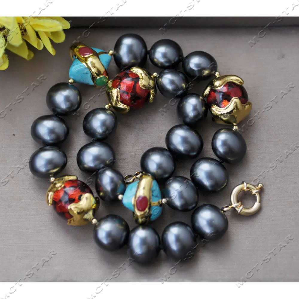MCT·STAR 19'' 25mm Red Flame Murano Glass Blue Baroque Turquoise Black Egg Shell Pearl Necklace (Z14303)