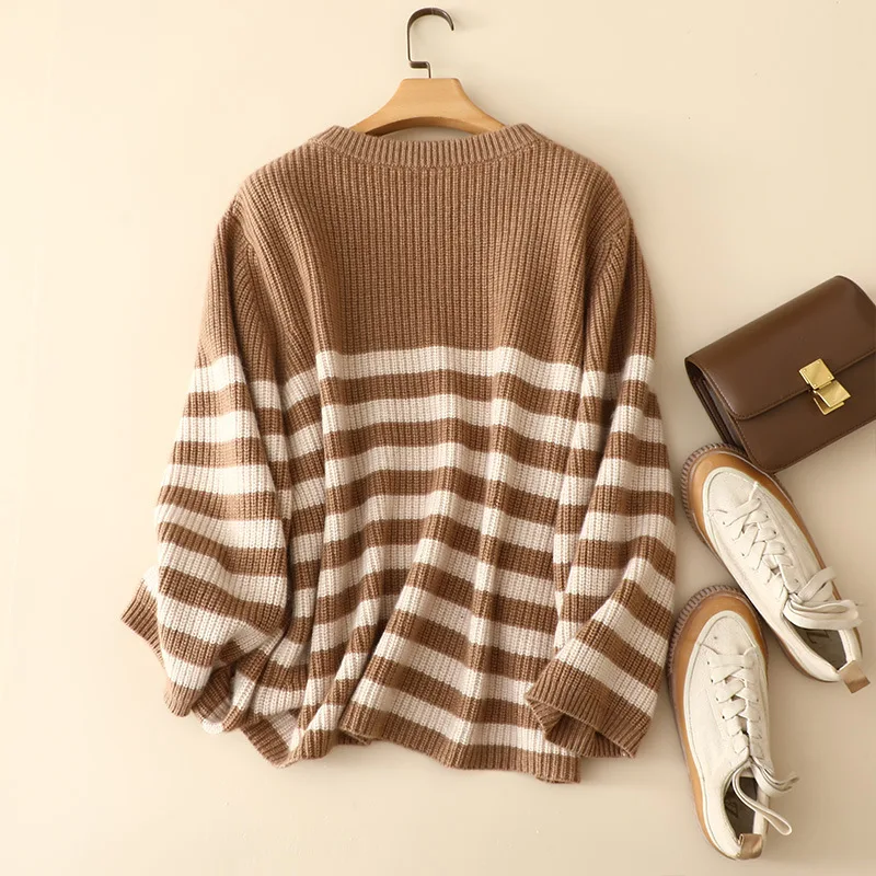 masigoch europe trendy winter chunky knit 100% cashmere oversized striped sweaters