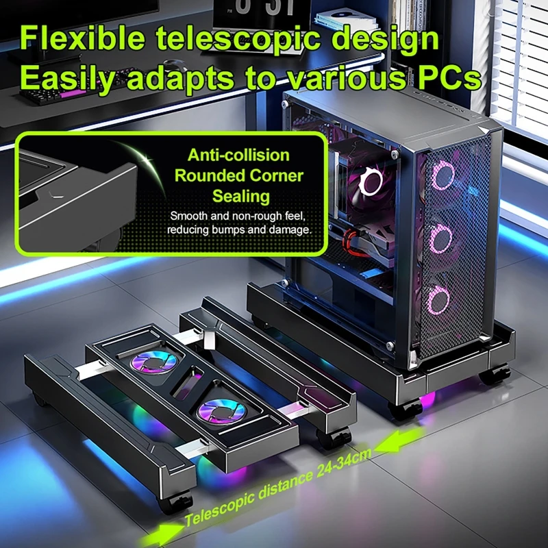 Mobile PC Tower Stand with Cooling Fan, Adjustable Length PP Computer Case Holder, Under Desk Height Increase Storage Rack