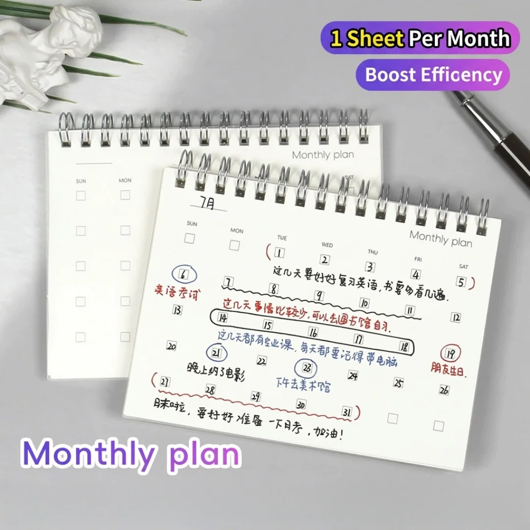 A6 Monthly Planner Notebook 60 Page Spiral Bound Daily Schedule Organizer Notepad with PP Cover for Study Office Time Management