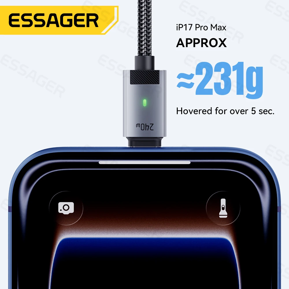 Kabel magnetyczny Essager 240W z oznaczeniem E, USB-C do USB-C, szybkie ładowanie PD3.1 do iPhone 17 16, Samsung S25, iPad, laptopa — zdjęcie produktu 6