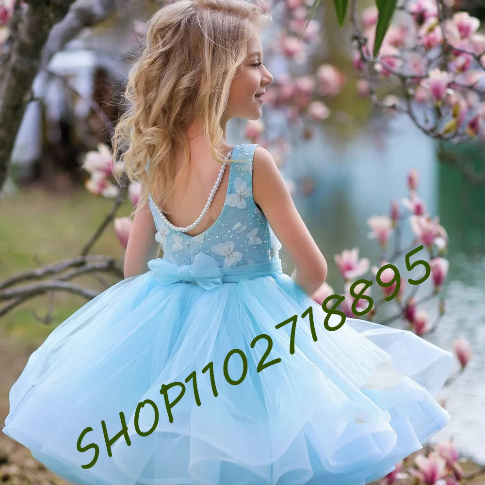 

Sky Blue Flower Girl Dresses Beading Butterfly Wedding Party Gowns for Kid Birthday Dress 2023 Summer فساتين اطفال للعيد