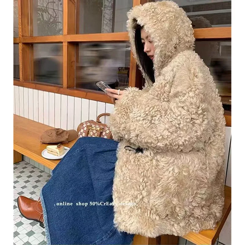 Kunst lamm Pelz mäntel für Frauen, Horn knopf Kapuzen jacke, weibliche dicke warme Kleidung, hohe Qualität, neu, Winter,2024