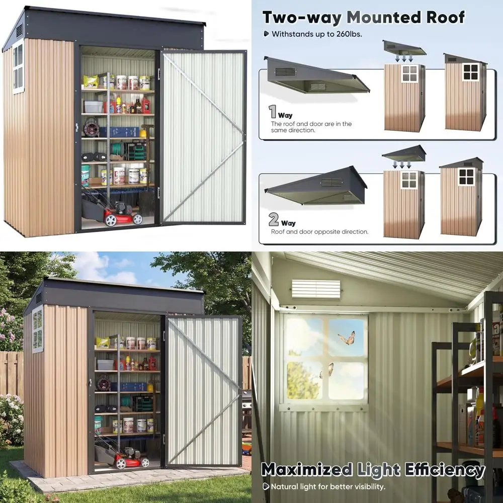 

Прочный металлический садовый сарай с замком, поворотной крышей, водонепроницаемый, для сада, велосипедов, инструментов, временного хранения - коричневый (5.5x2.8 футов)