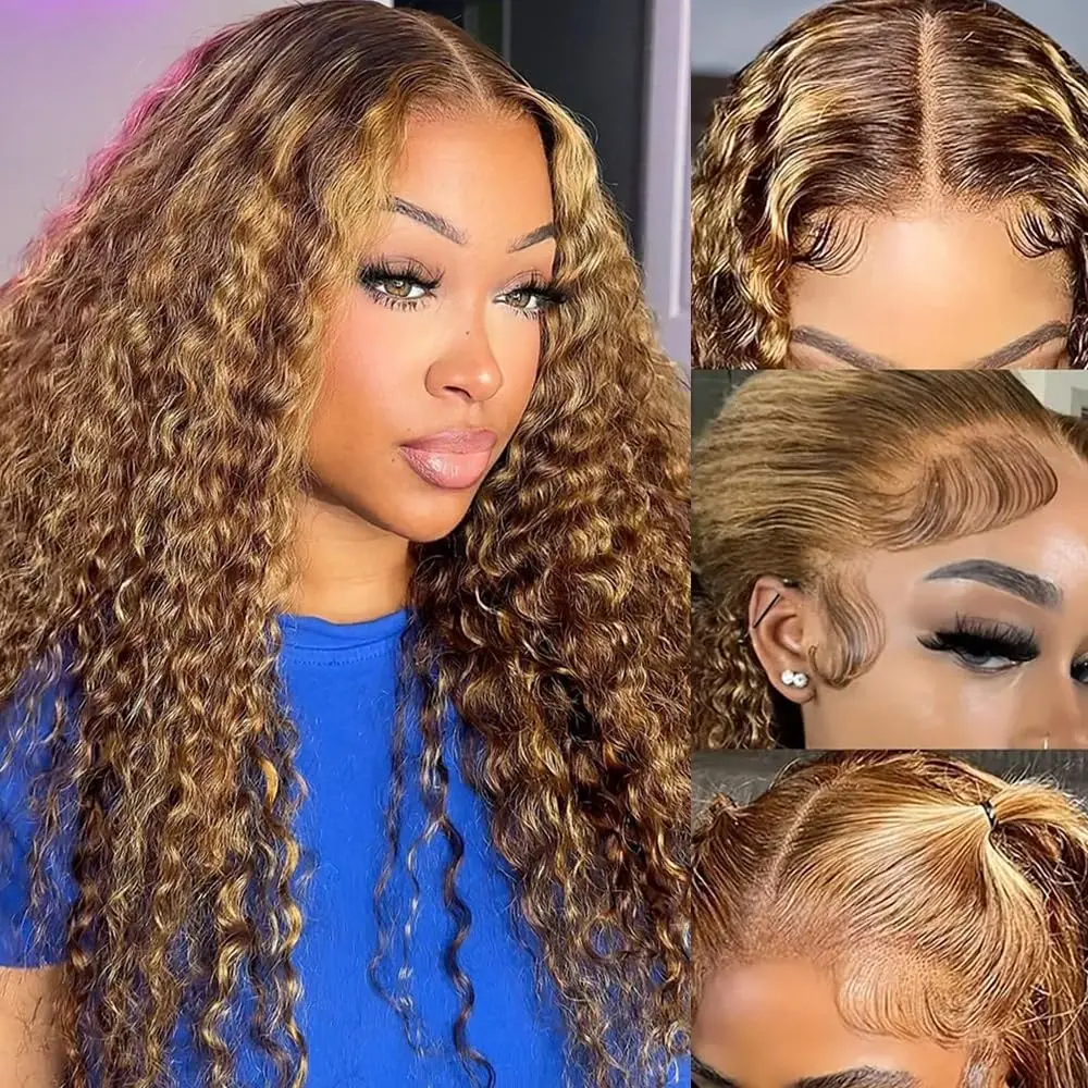 

30 36 inch 4/27 Highlight Deep Wave 13x6 Hd Lace Front Wig Human Hair 200% Density Ombre Honey Blonde Brown Curly Human Hair Wig