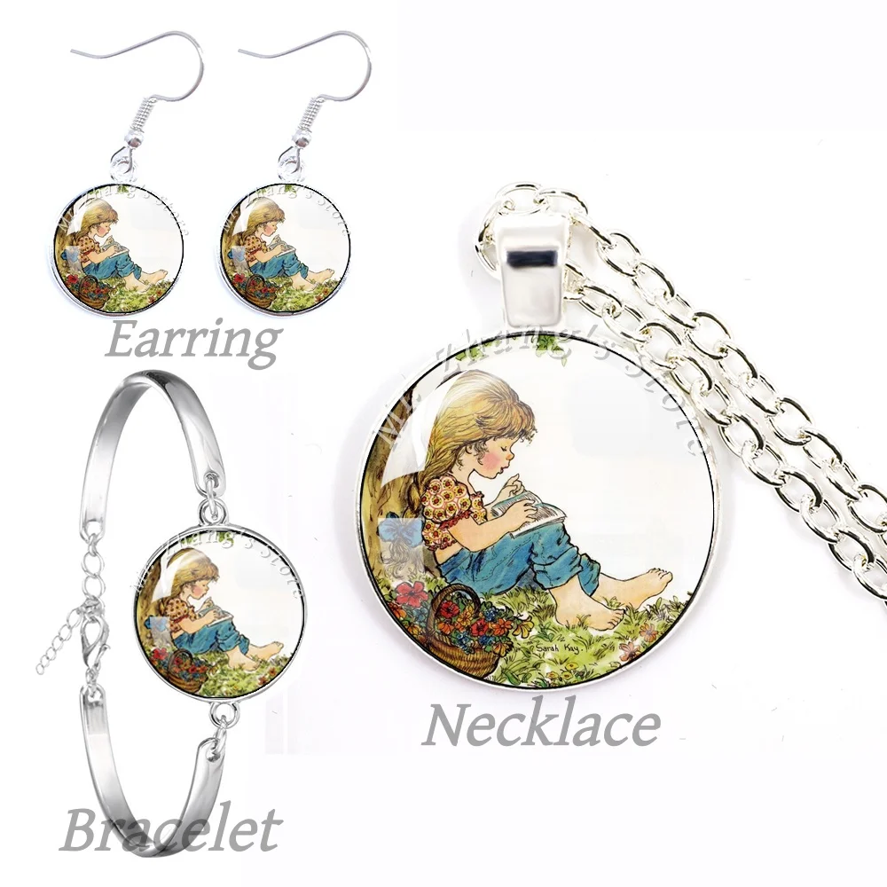 Metal Jewelry Set Hand drawn Cartoon Holly Hobbie Doll Glass Cabochon Round Necklace Bracelet Earrings Accessories Gift