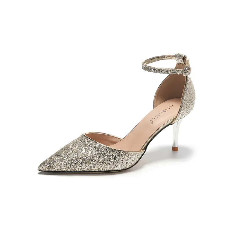 Sequins with white pointed high heels, thin heels, hollow toe sandals, champagne color dress, wedding bridesmaid shoes