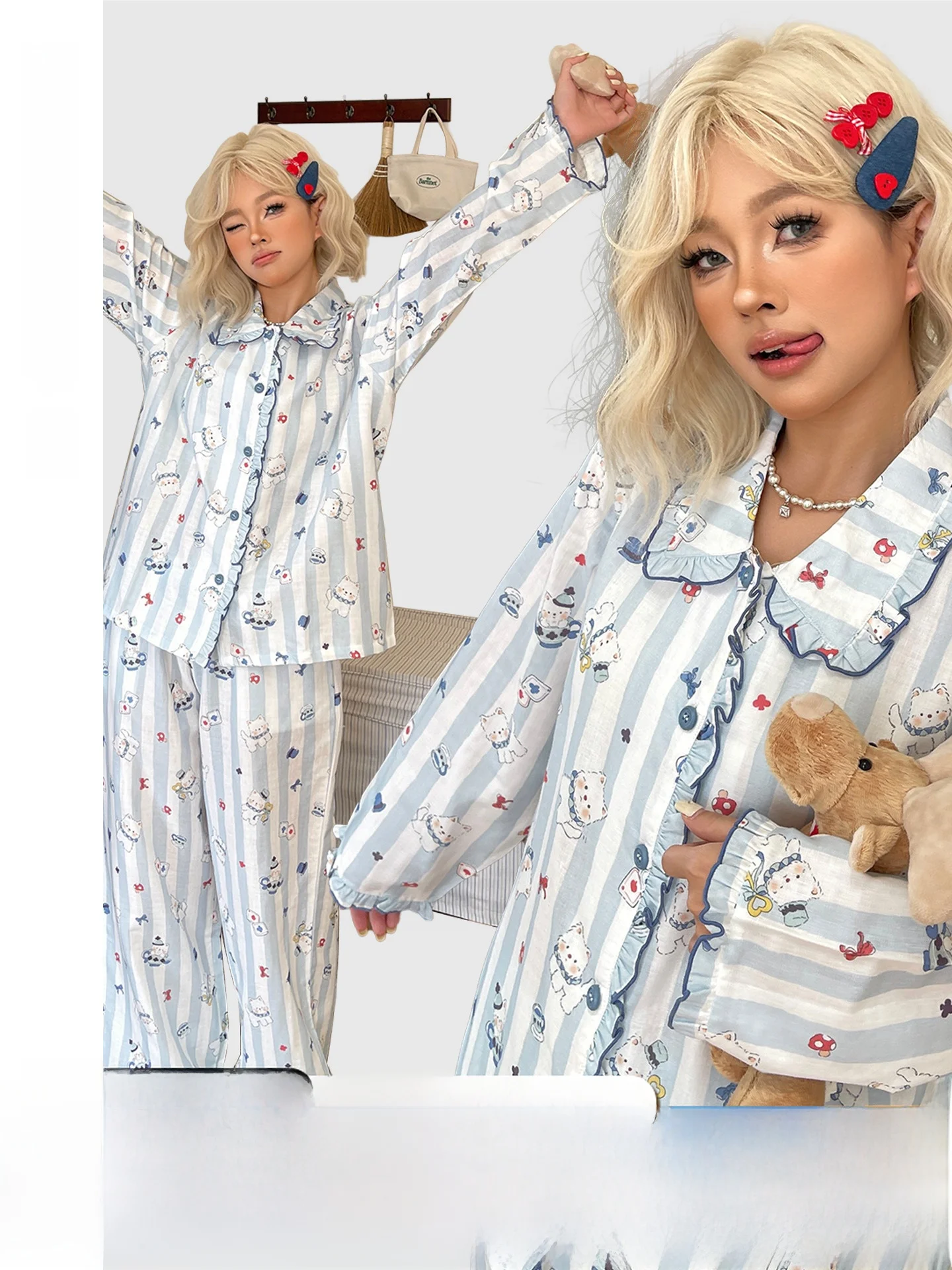 cone-simple-pure-cotton-double-layer-breathable-home-clothes-fre-sle-women's-small-collar-spwear-long-sve-cardigan