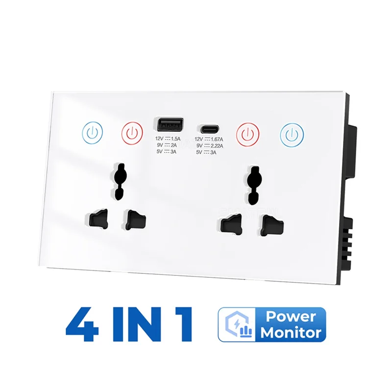 

Wif Tuya Wifi Smart Socket Power Monitor Touch Switch 4-In-1 USB Type-C Universal Wall Outlet Electrical Power Plug B