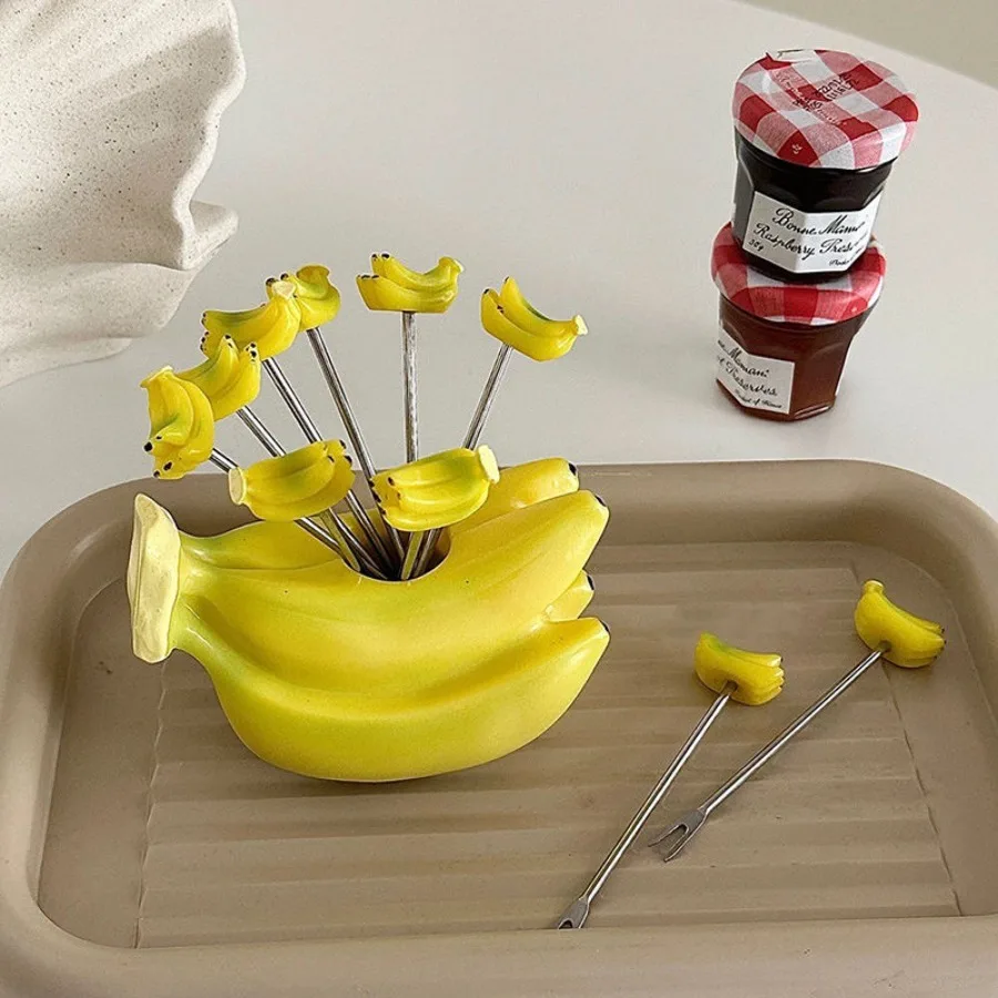 Cartoon Fruit Fork Stainless Steel Banana Shaped Cute Stainless Steel Signature Dessert Cake Snack Small Fork Kitchen Accessorie