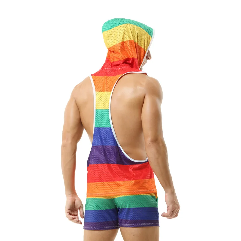 Men\'s Sets Rainbow Hooded Men\'s Tank Tops Mesh Breathable V-neck Vests Men Shorts Streetwear Tops Tee Sports Fitness Suit