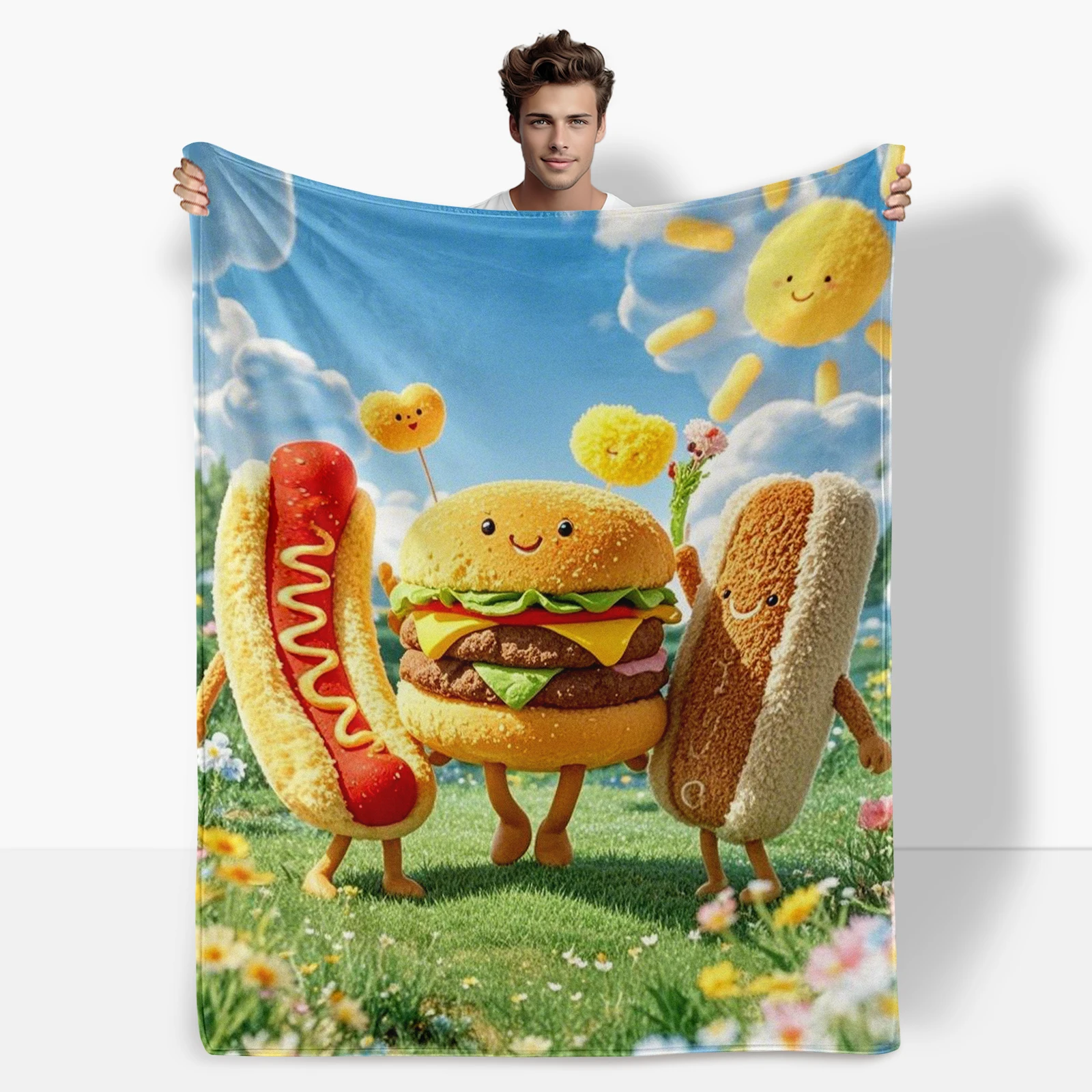 Playful Cartoon Personified Burger Hot Dog On Grass Under The Sun Blanket Adds Charm To Kids Decor