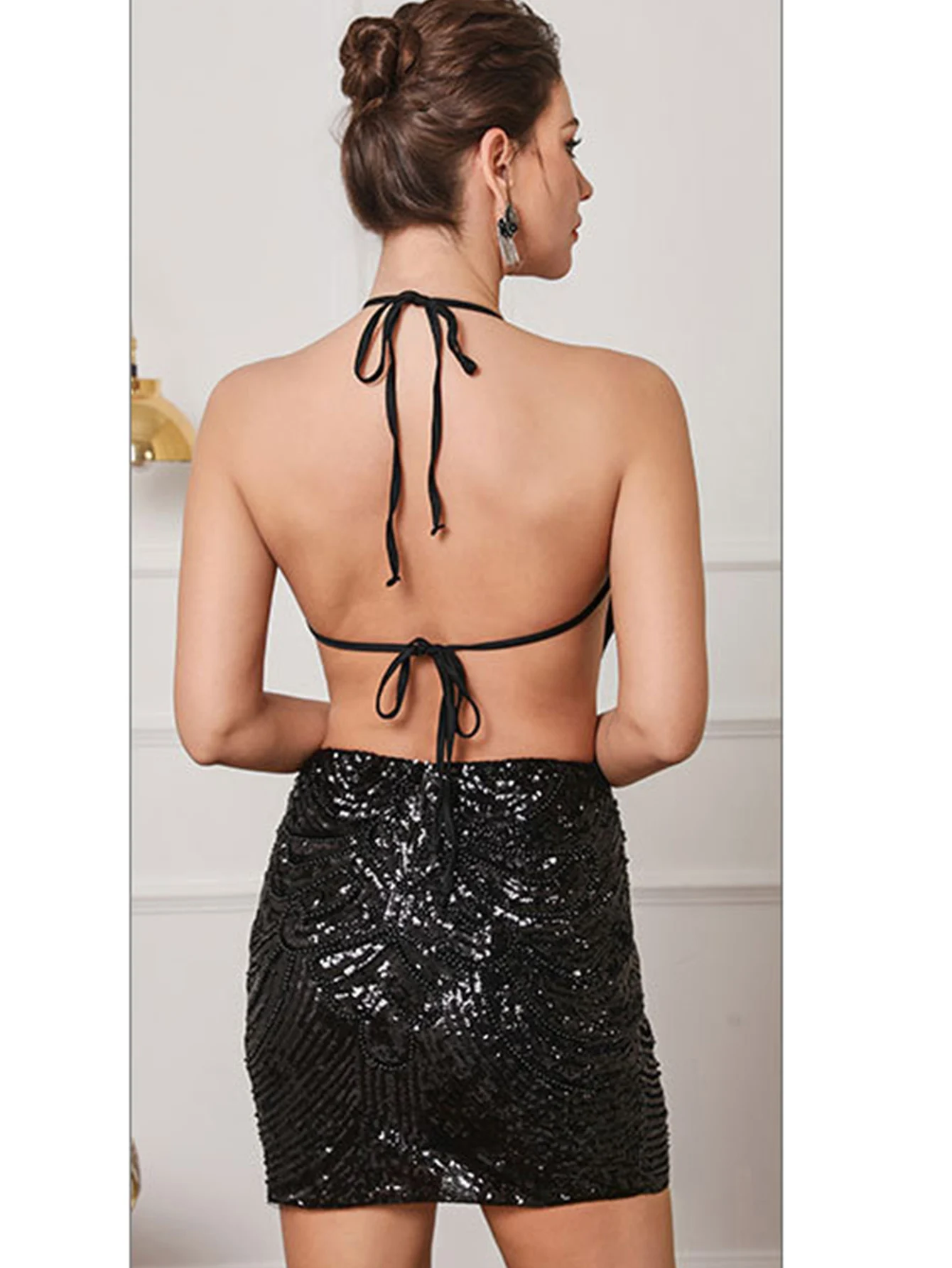 Sexy dos nu sequin fête robes courtes femmes de luxe noir anniversaire robe d'été femme élégante bal nouvelles robes de soirée vestido