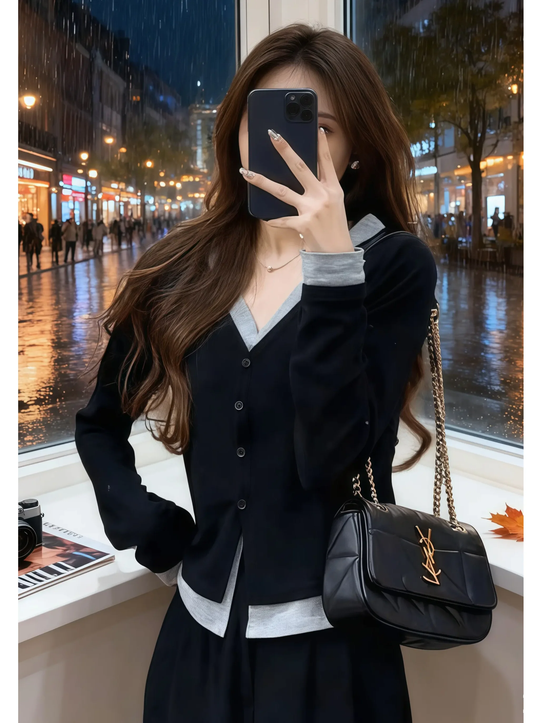 

ay V-Ne Knitwear Casual Versatile Women's Top Spring Autumn New Sle Comfortable Mid-Thi Medium Softn Daily Wear