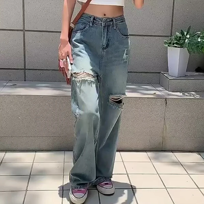 American Retro Ripped Jeans For Women Summer Hight Waisted Loose Straight Leg Trousers 2024 New Solid Wide Leg Floor Pants