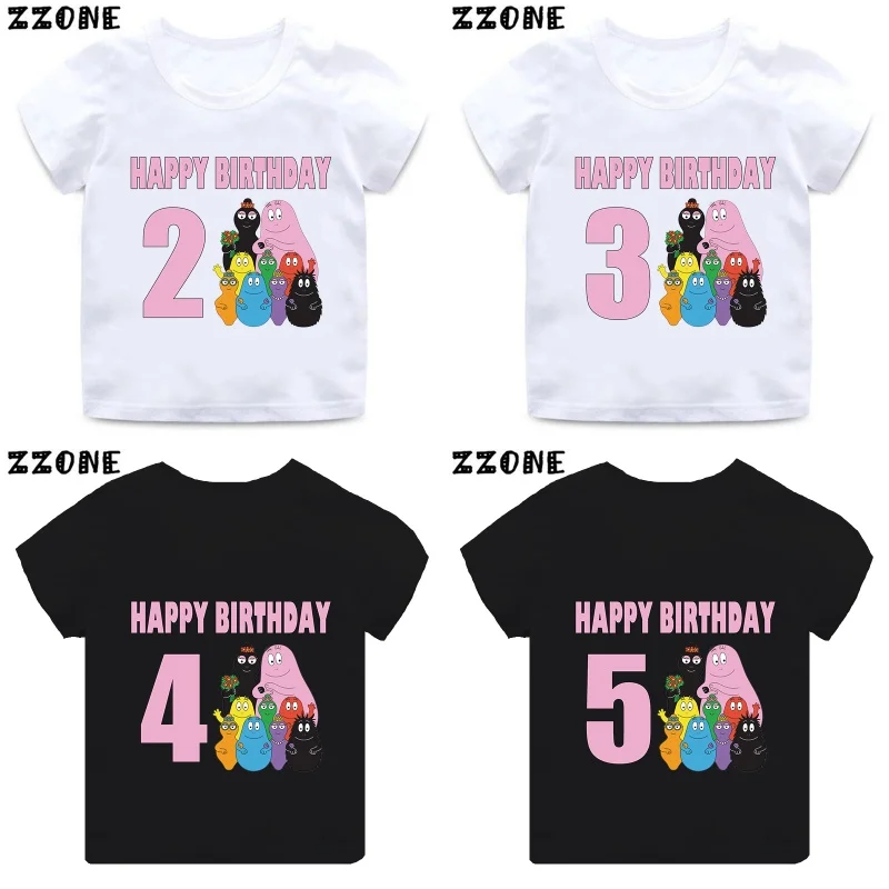 Cute Barbapapa Print Cartoon Girls Clothes 1 2 3 4 5 6 7 8 9 Years Happy Birthday Kids Short Sleeve T shirt Baby Boys T-Shirts