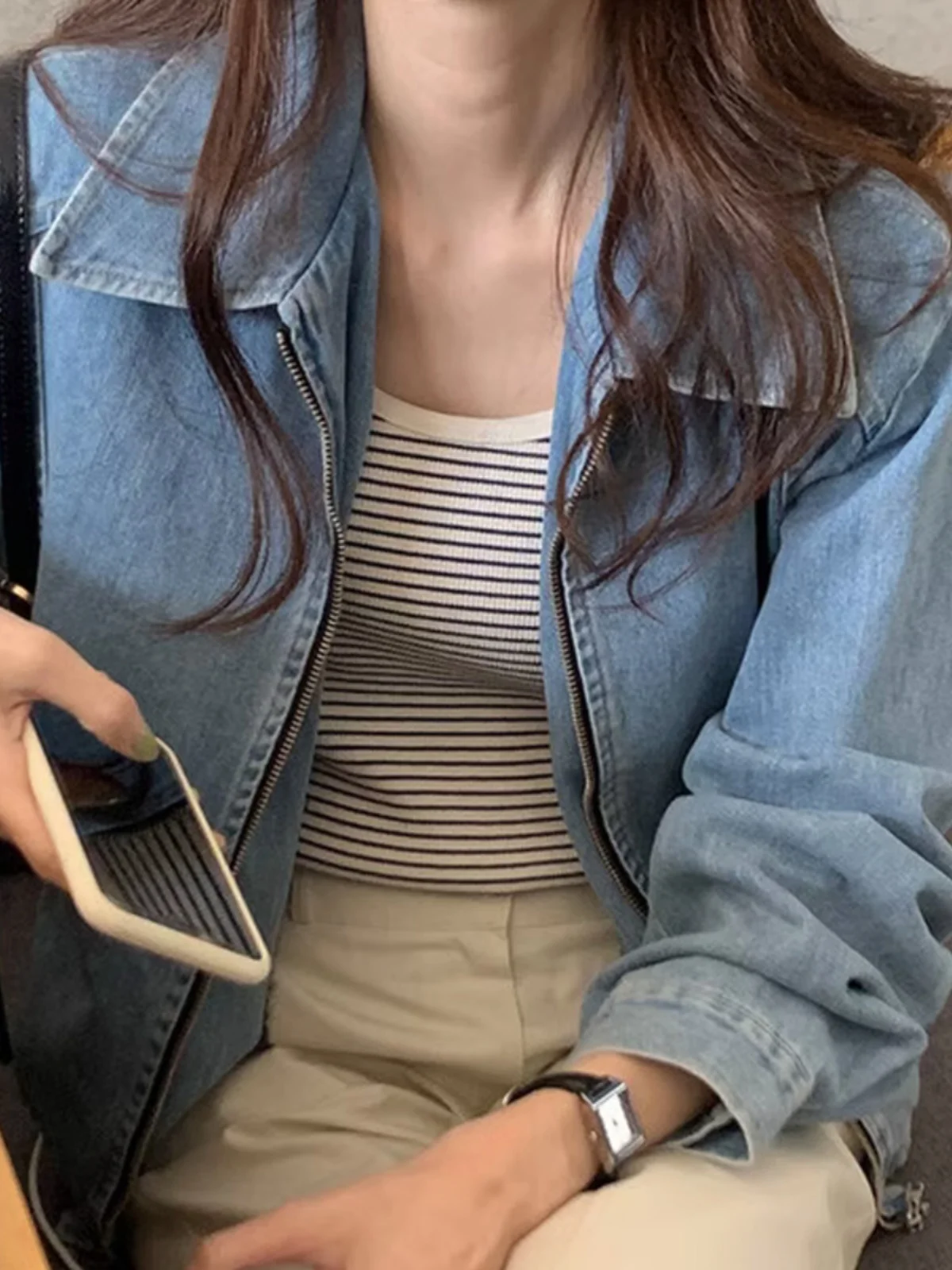 

Chic Retro Zipper Denim Jaet Women's Loose Casual Anti-Aging ort Sve Long Sve Top for Autumn Collar Commute Sle