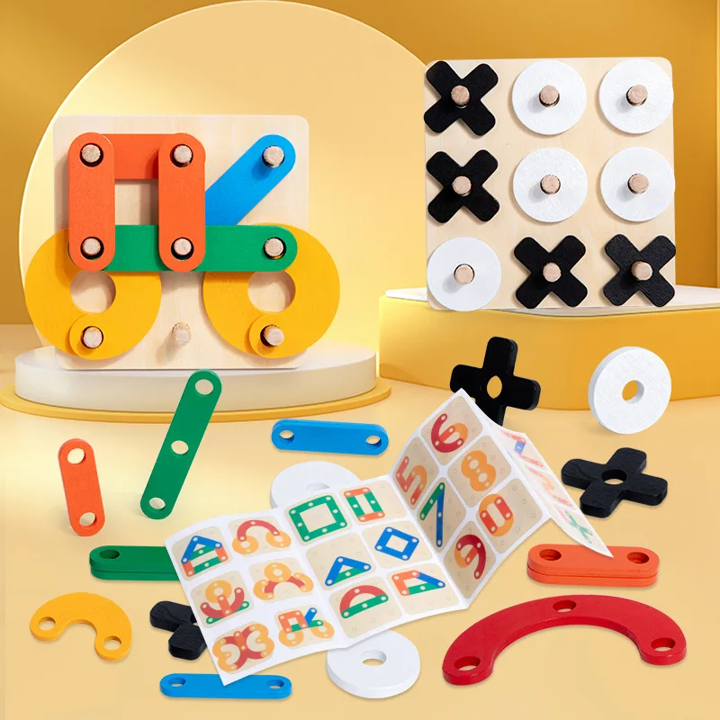 2 in 1 Montessori Wooden Geometric Pegboard Puzzle with Cards XO Chess Wooden Board Game Logic Thinking Training Puzzles for Kid