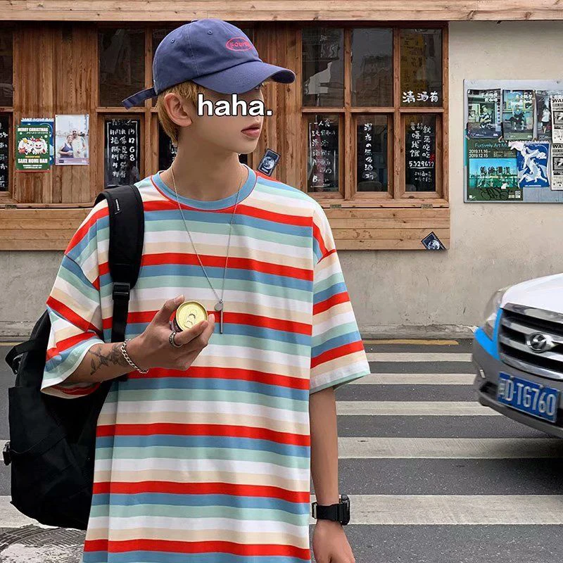 Korean Fashion Trend O Neck Short Sleeve Men Sweatshirt Summer Rainbow Striped Print Teenagers Harajuku Casual Oversized T Shirt