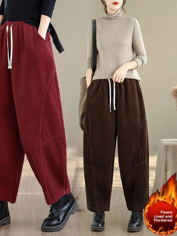 Fce doublé Thi velours côtelé papa pantalon femmes hiver chaud grande taille ample rayé décontracté Harlan pantalon confortable coupe ample