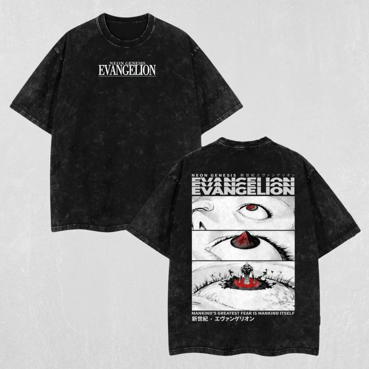 Retro Vintage Neon Genesis Evangelion Acid Washed T-Shirt Anime Grafik-T-Shirt Top für Alle Jahreszeiten Herren-T-Shirt