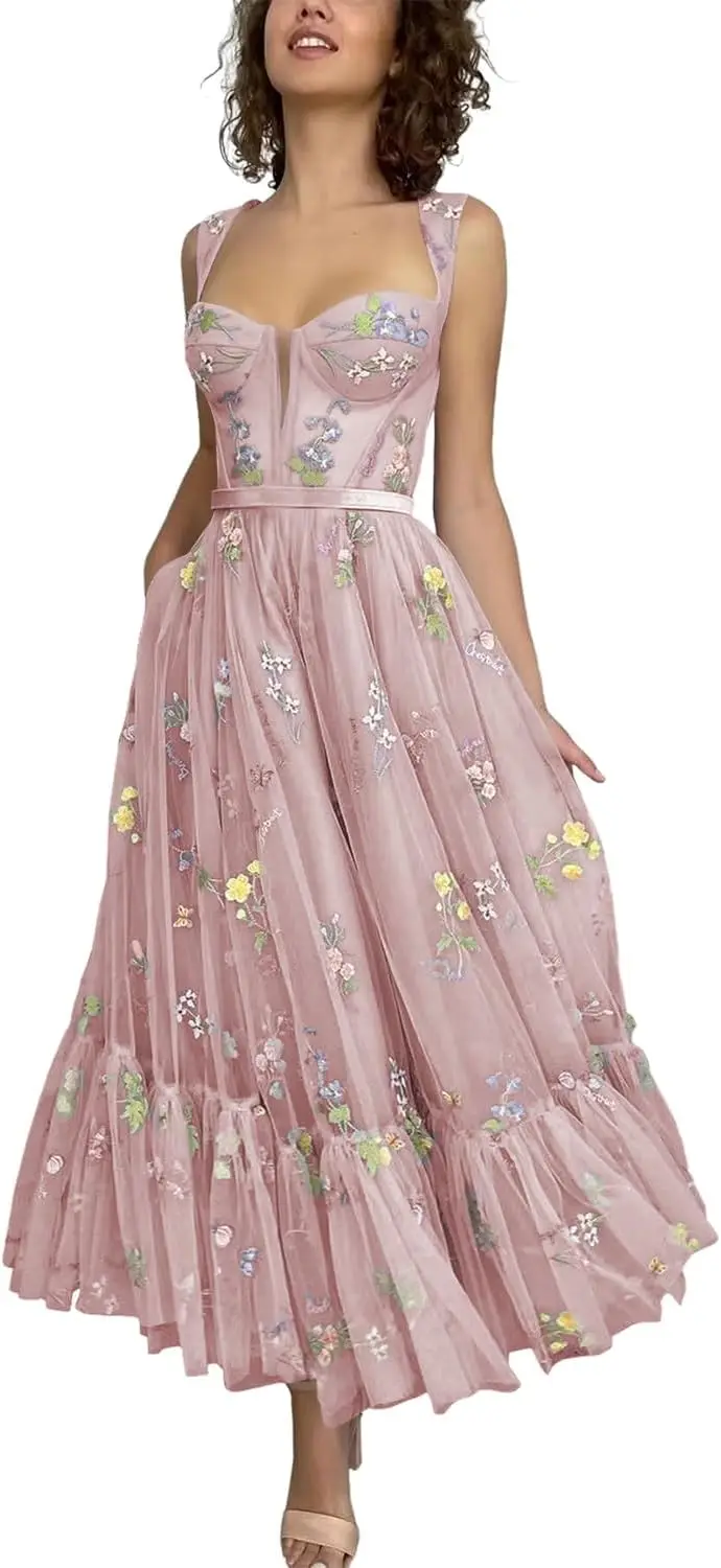 

Women's Flower Embroidery Tulle Prom Dresses 2025 Sweetheart Tea Length Formal Evening Party Gown Graduation Dress