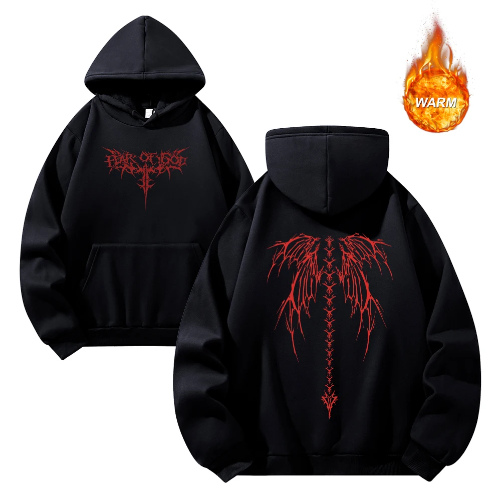 Men’s Y2K Skull And Wing Print Hoodies Casual Warm Pullover Sweatshirt For Autumn Daily Wear Street Style Commute And Running