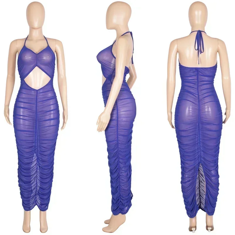 GUWU Uitgesneden Spaghetti Band Effen Kleur Zien Door Mesh Feestjurken Hol Sexy Club Vrouwen Lange Jurk