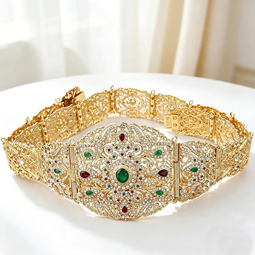 Sunspicems Goldfarbener Marokkanischer Kaftan-Gürtel mit Strasssteinen, Hohlfiligran, Algerische Damen-Taillenkette, Arabischer Brautschmuck für Hochzeiten – Detail 4