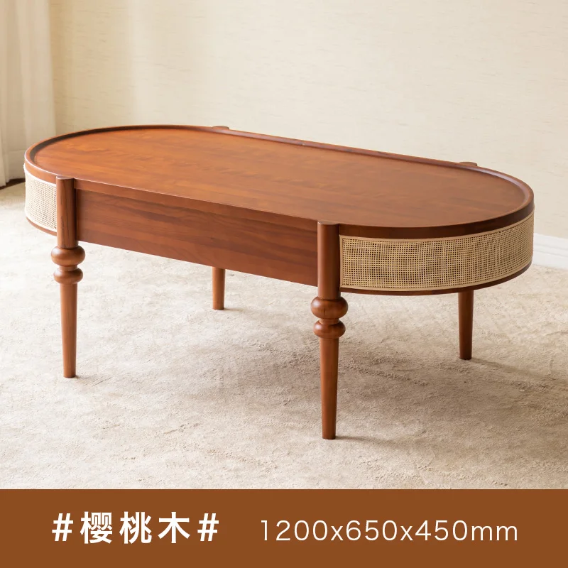 American retro oval solid wood rattan coffee table, drawer storage, small apartment, quiet living room, low table