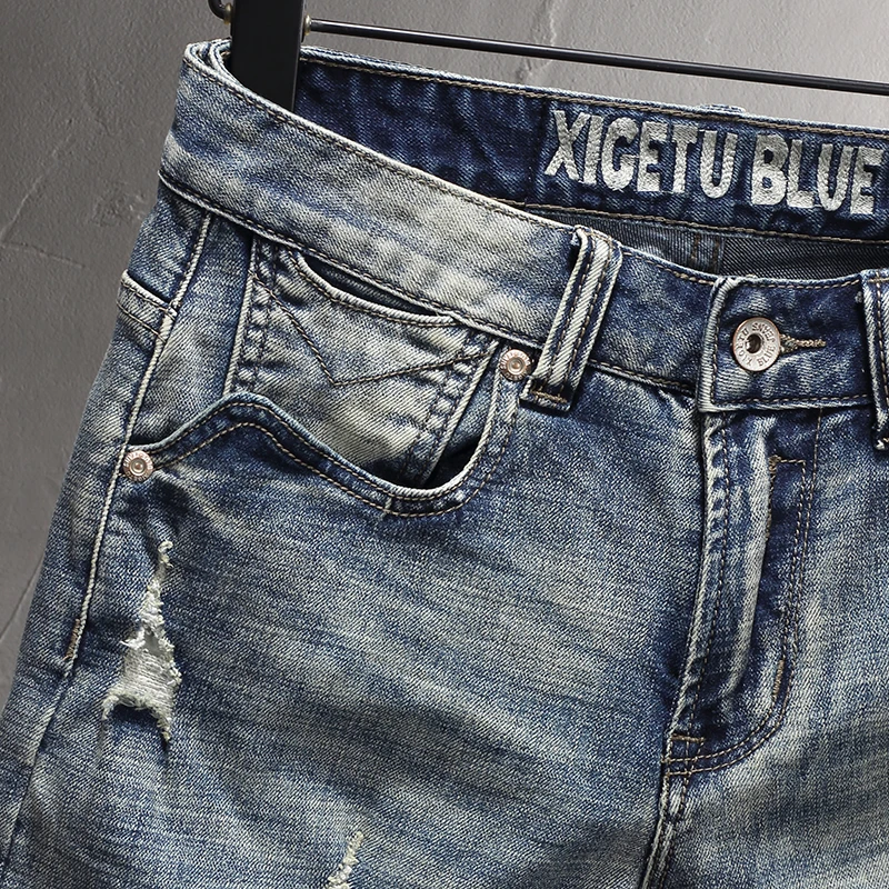 Summer Fashion Vintage Men Jeans Retro Blue Slim Fit Embroidery Patchwork Short Ripped Jeans Men Casual Denim Shorts Hombre