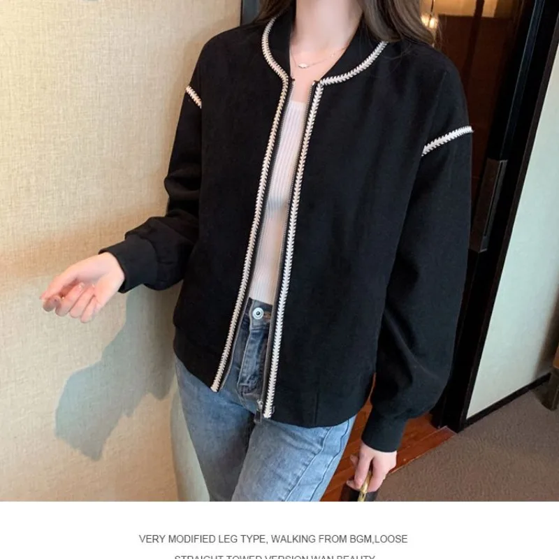 Women's Spring Autumn Solid Round neck Zipper Cardigan Lantern Long Sleeve Baseball Suit Coats Fashionable Casual Loose Tops