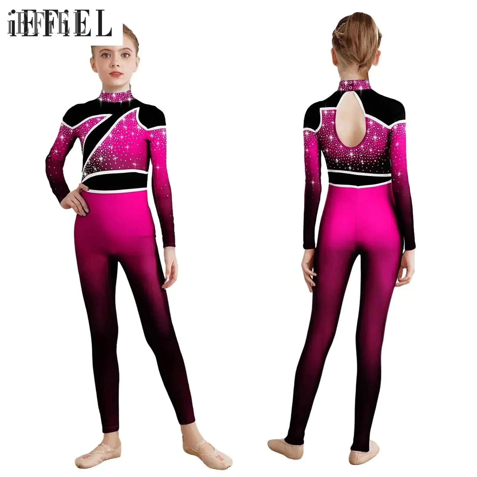 

Kids Girls Ballet Gymnastics Jumpsuit Figure Skating Dancewear Mock Neck Long Sleeve Keyhole Back Rhinestones Bodysuit Costume