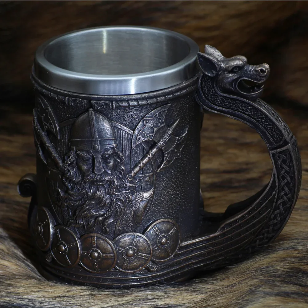 600ml Viking Wood Style Beer Mug Medieval Dragon Resin Stainless Steel Beer Mug Retro Tankard Skull Coffee Cup Tea Mug Beer Cup