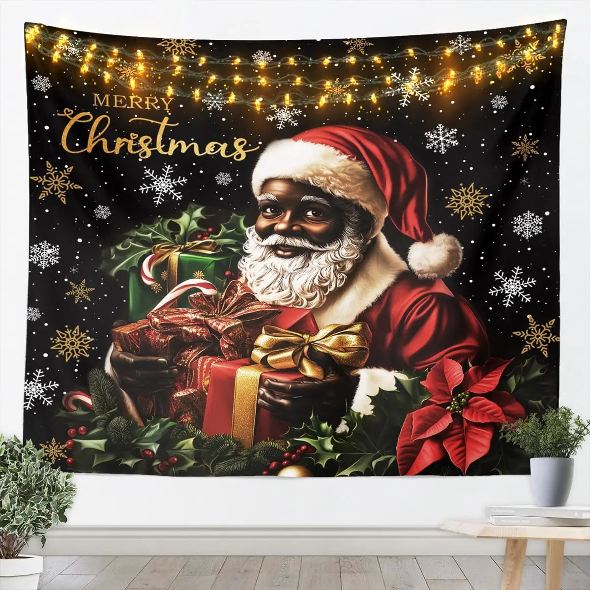 Black Angle Tapestry Christmas African Girl Wall Art Xmas Snowflake Wall Hanging Blanket for Living Room Bedroom Red Home Decor