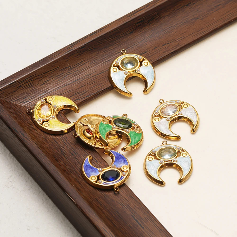 4 Stück Edelstahl-Ochsenhorn-Zirkon-Anhänger, Mond-Emaille-Halskettenanhänger, DIY-Schmuckzubehör, Zubehör für Ohrringe und Armbänder – Detail 4