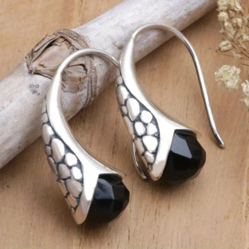 Vintage Metal Handmade Carved Pattern Earrings Set with Black Stone Hook Shaped Earrings