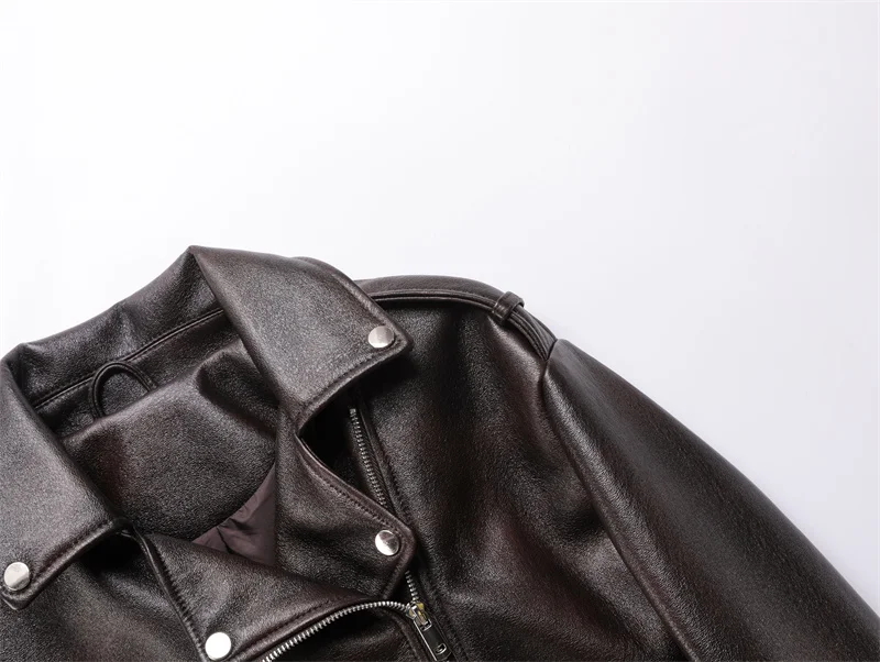 Dark brown Coal graysty le Women\'s washed leather jacket with belt, short coat with downgraded zipper and vintage lapel jacket