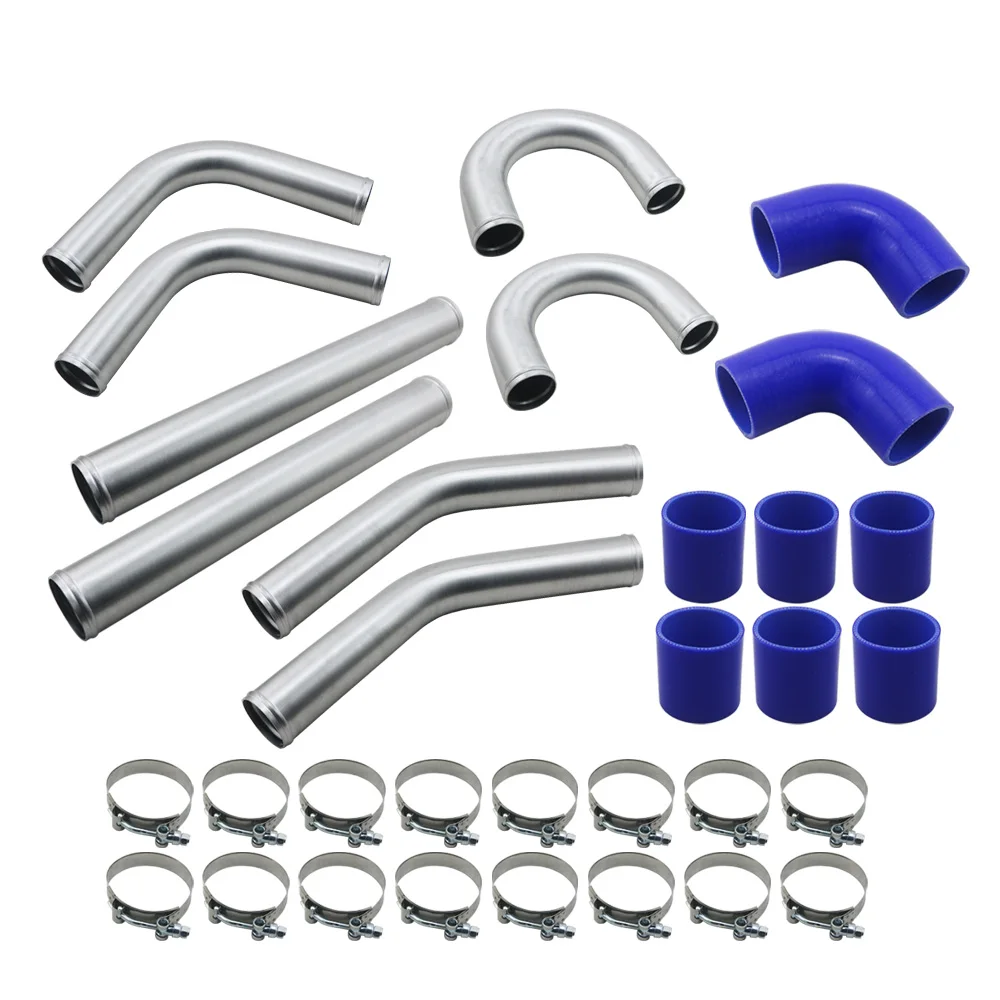 raRACING 3.0' 76mm Turbo Intercooler Pipe Chrome Aluminum Piping Pipe Tube+t-Clamps + Silicone Hoses Blue