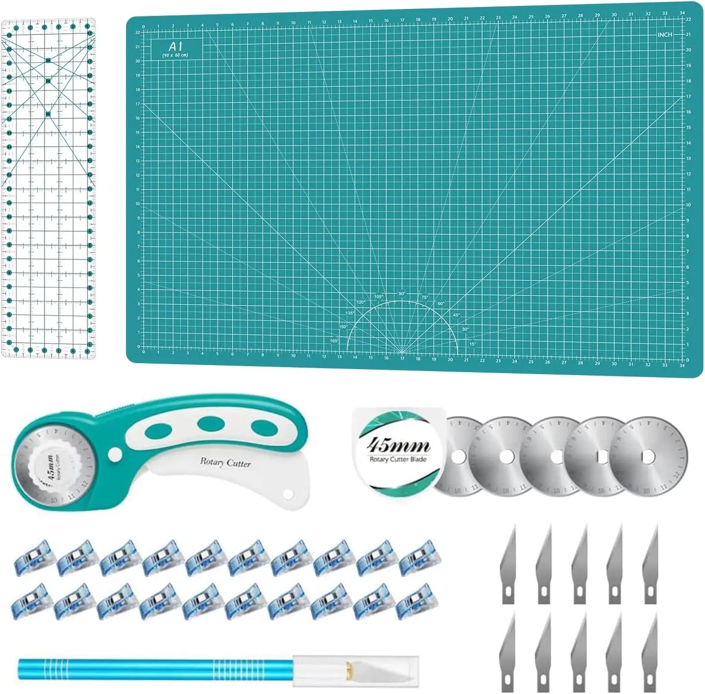 

Rotary Cutter Set with 45mm Fabric Cutter, 5 Blades, A1 Mat, Acrylic Ruler & Sewing Clips for Crafting and Sewing