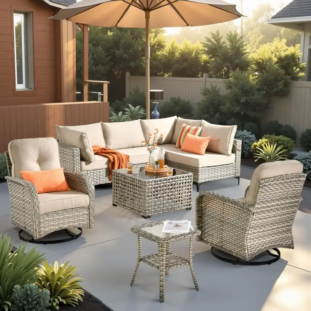 

8-Piece L-Shaped Wicker Outdoor Sectional Patio Furniture Set with Swivel Chairs, Beige