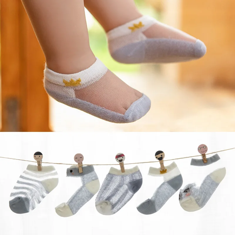 5 Pairs Summer Thin Cotton Hollow Mesh Baby Low Cut Floor Socks Glass Ice Silk Boat Sock Toddler Socks