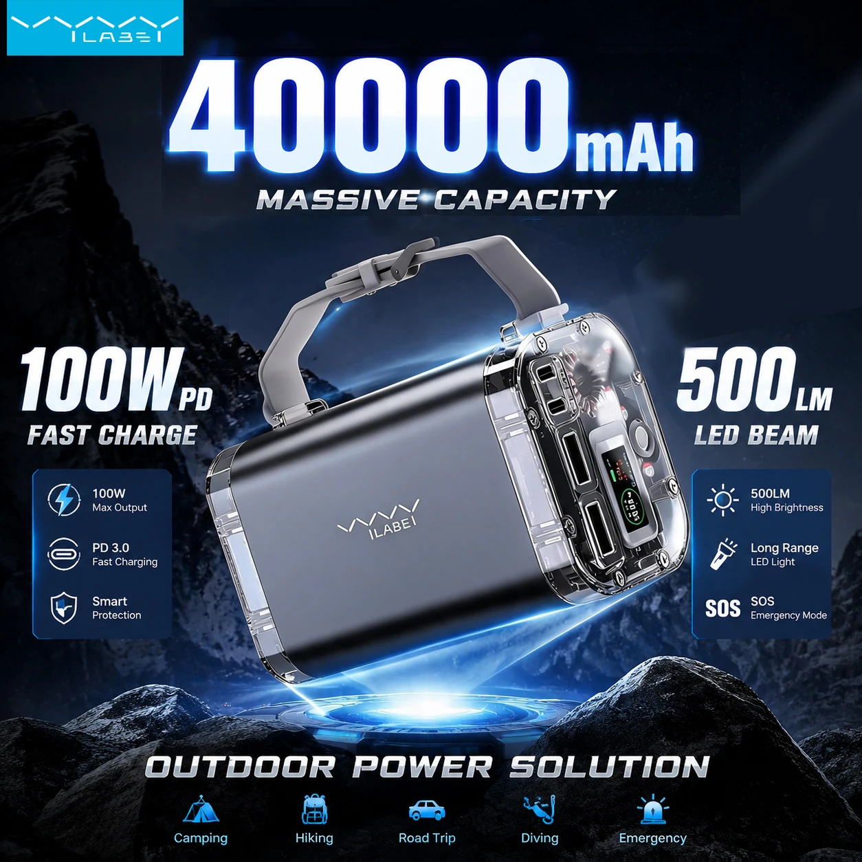 Image of Vyvylabs Powerbank 40000mAh 100W PD Schnellladung für iPhone 17 Pro Max Samsung S26 Ultra Xiaomi 15 Tragbare Outdoor-LED-Leuchte