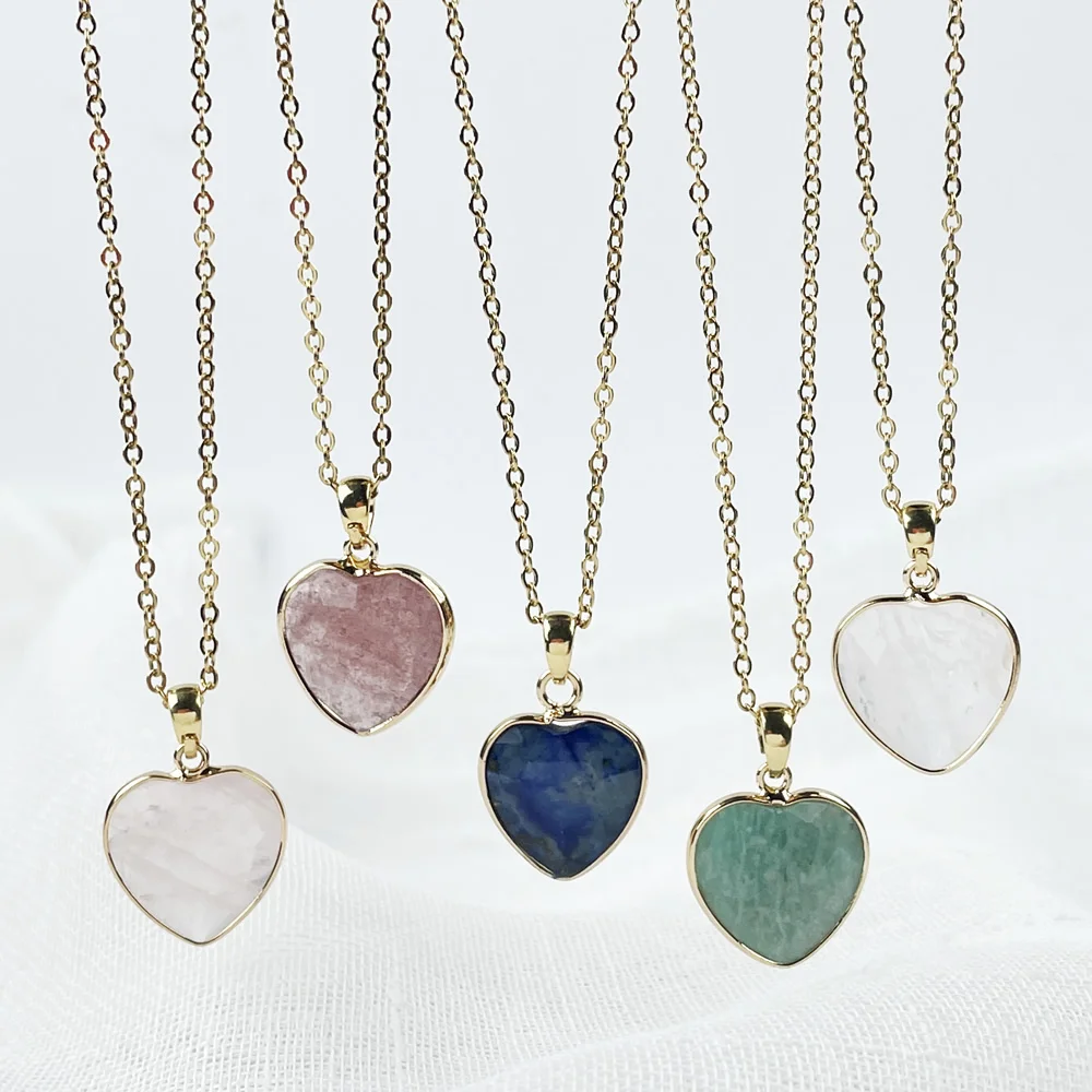Collar con Colgante de Cristal Natural en Forma de Corazón para Mujer, Cadena de Acero Inoxidable, Cuarzo Fresa, Joyería
