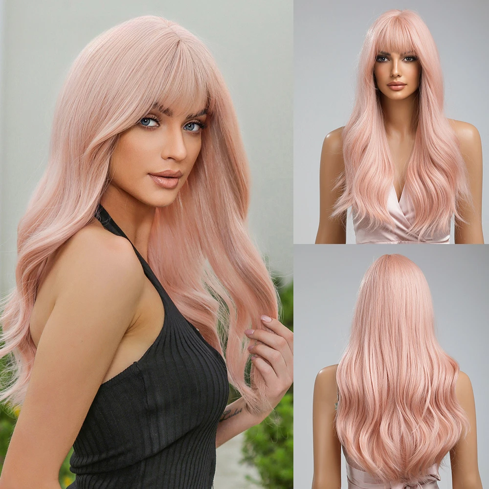 

Long Wavy Curly Synthetic with Bangs Peach Pink Hair Women and Girls Daily Party Cosplay Heat Resistant Wigs