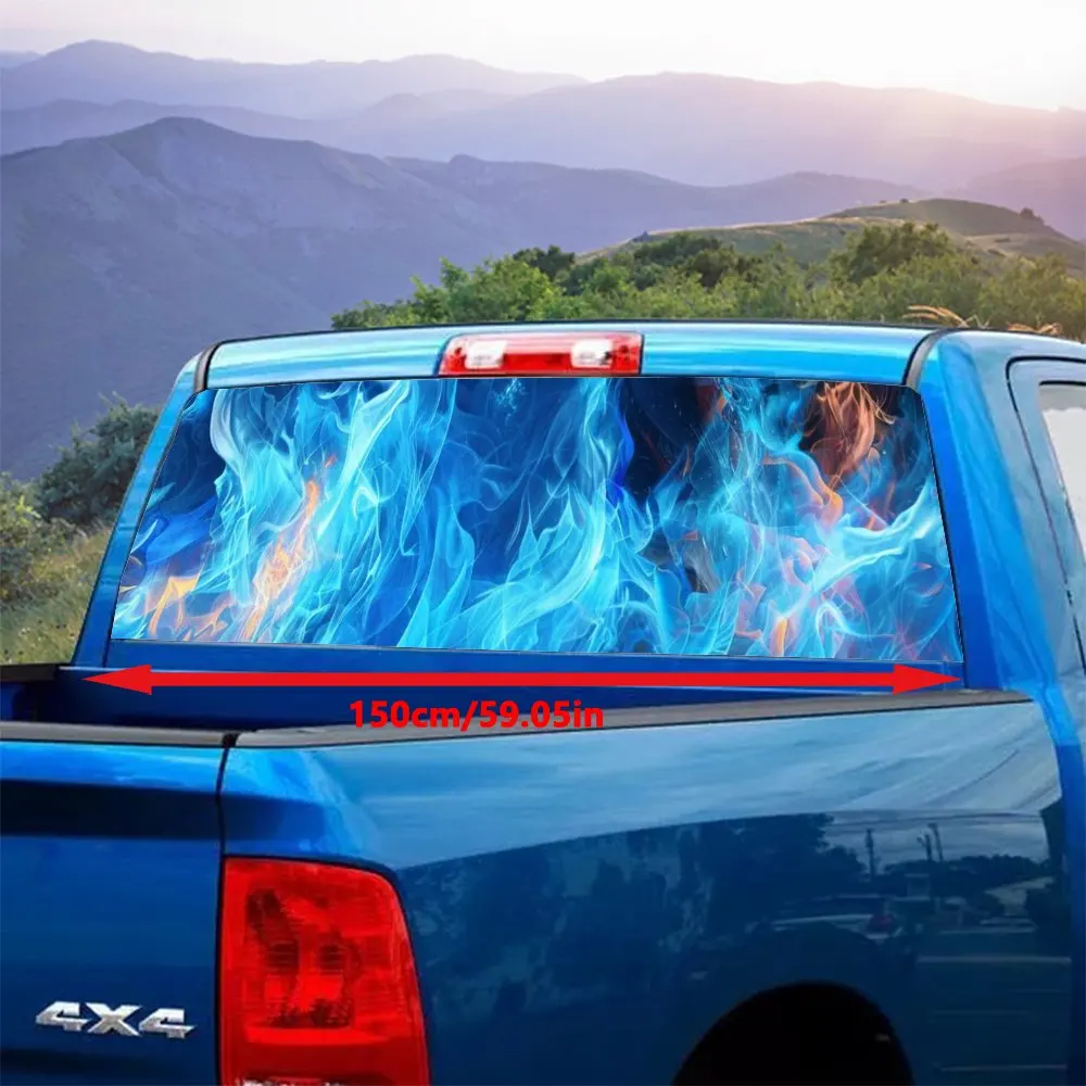 Burning Blue Flames Smoke Car Rear Windshield Sticker Truck Window See Through Perforated Back Window Vinyl Decal Decoration