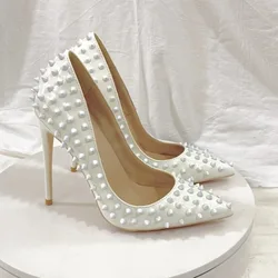 2024 Spring New White Celebrity Riveted High Heels 12CM Pointed Thin Heels Shallow Cut Single Shoes Zaptos Mujer