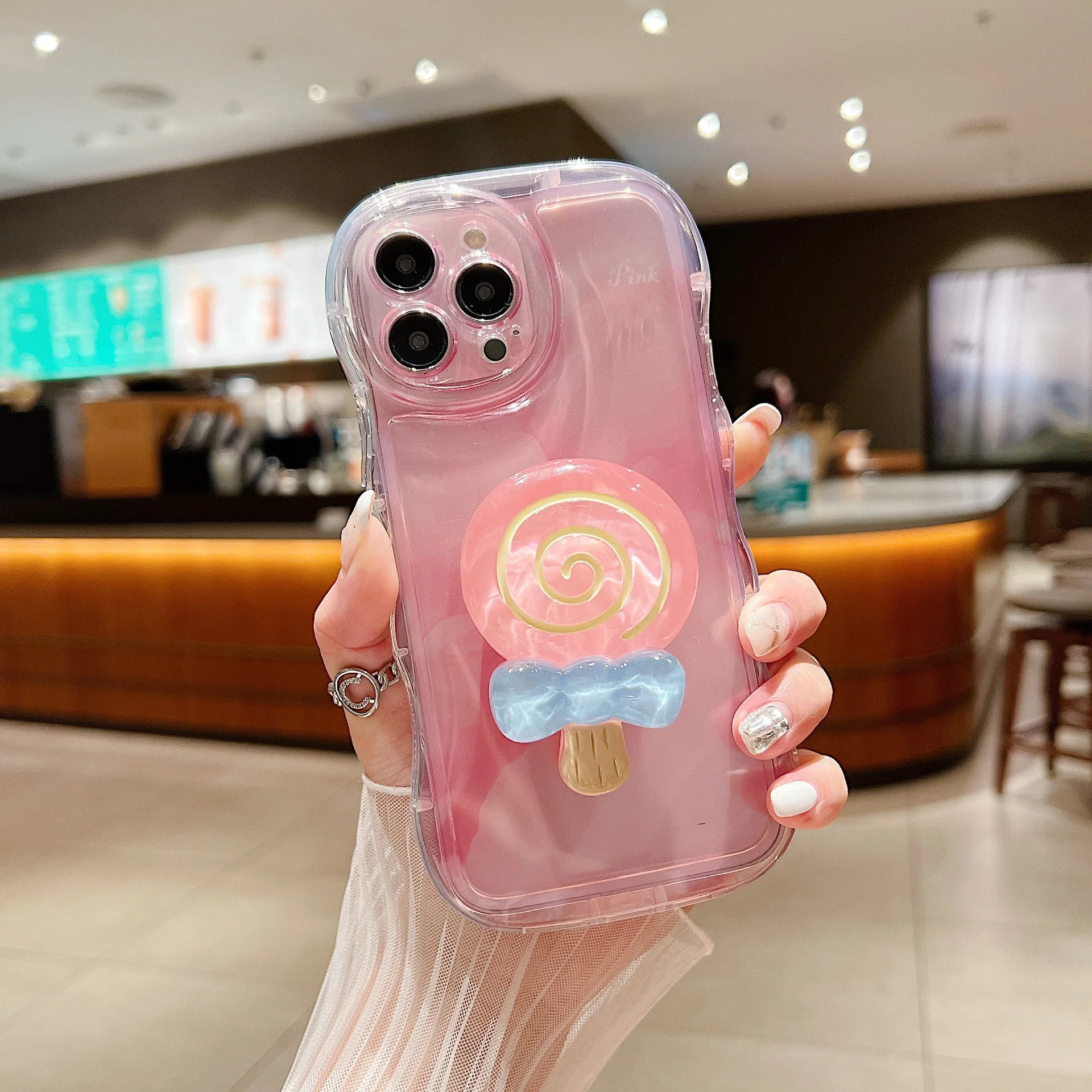 36PCS Transparent Wave Phone Case For iPhone 11/12/13/14/X/7/8, Lollipop Peach Juice Bracket, Gradient Pink Bubble Back Cover