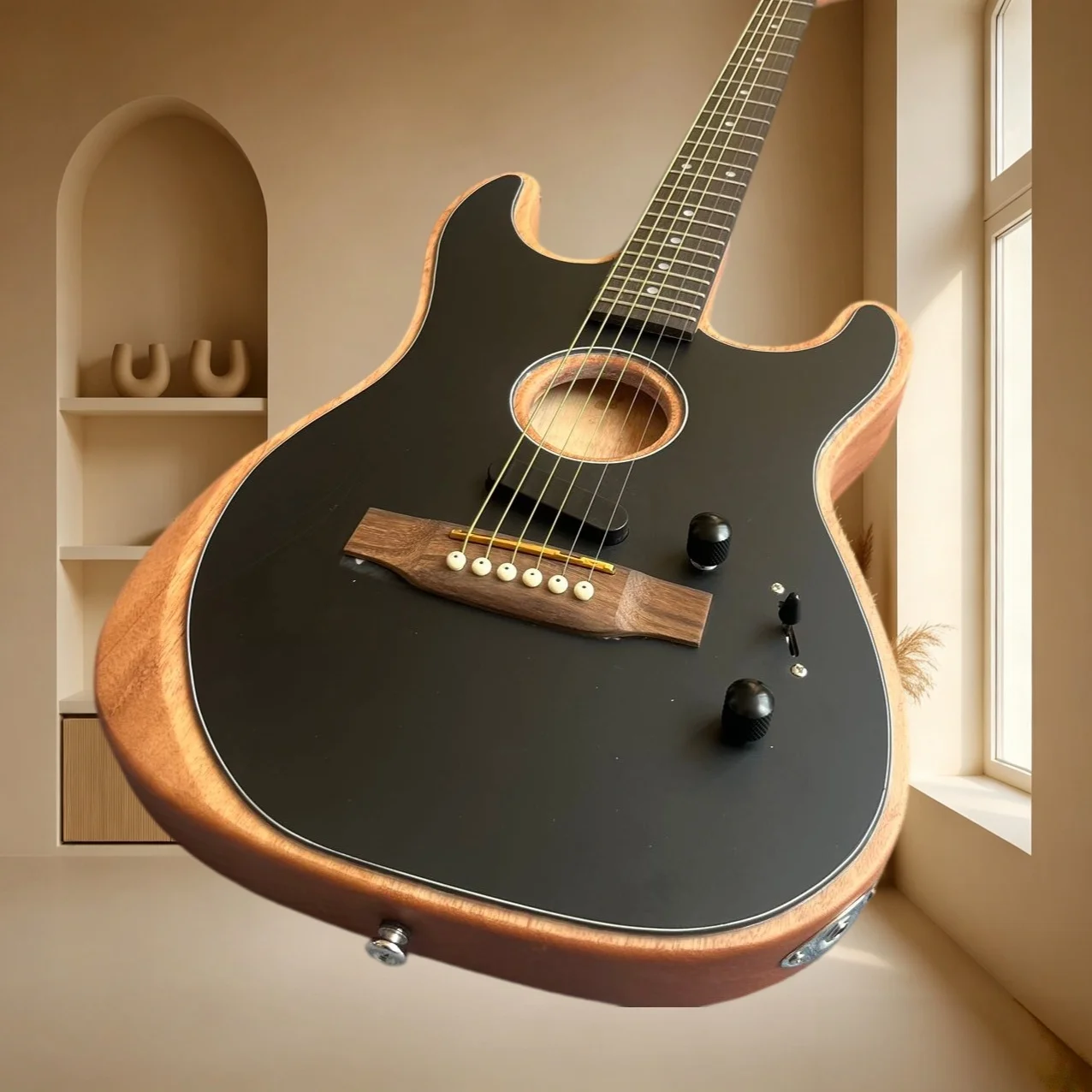 STO Acoustic Electric Hybrid Hollow Guitar Mahogany Body Matte Black Top Acoustic Electric Dual Use Sing Fingerstyle Stage