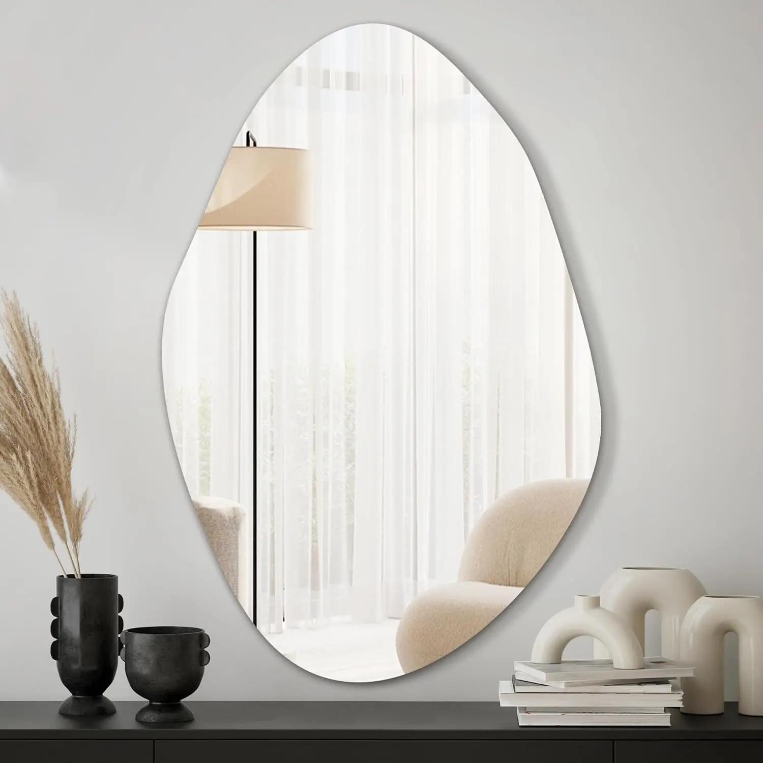 Irregular Asymmetrical Wall Mirror for Living Room Bathroom Entryway, Modern Decorative Mirror Hanging (Hook Style, 36'' x 24'')